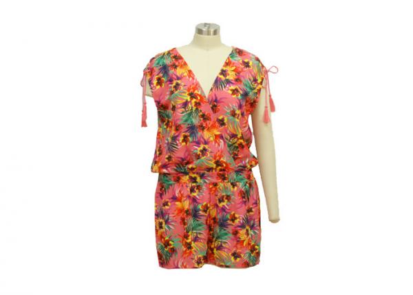 Quality Satin Ladies Summer Jumpsuits , Loose Off The Shoulder Floral Jumpsuit Mesh Fabric for sale