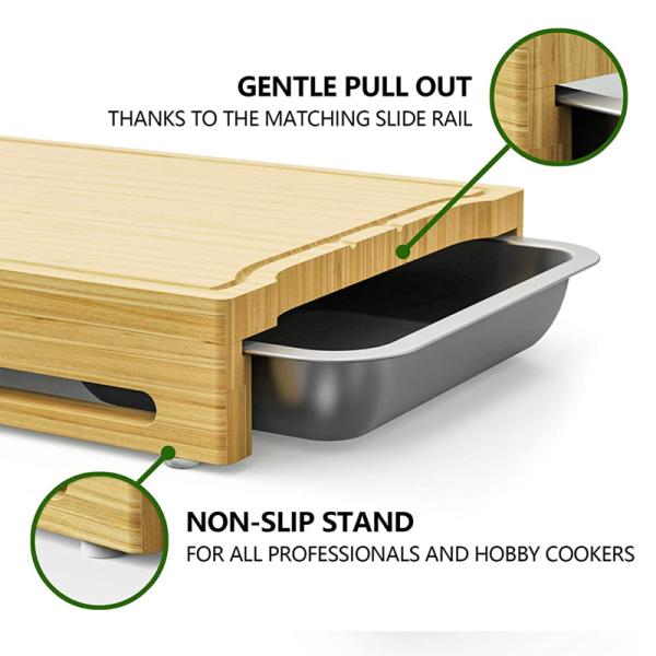 Custom Sustainable Rectangle Bamboo Chopping Board with Stainless Steel Drip Trays