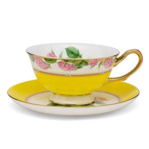 China Pink Floral Design Porcelain Cups Decal Luxury Coffee Tea Cup And Saucer With Colorful Rim wholesale