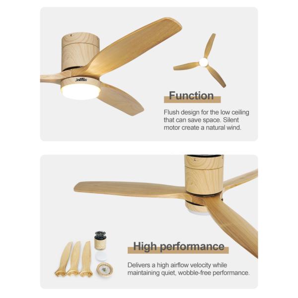 Energy Saving 52in Flush Mount LED Ceiling Fan With Solid Wood Blades