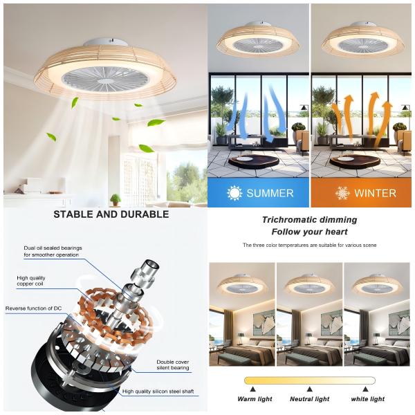 Wholesale factory 18 Inch Rattan Caged Fan Light Smart Tuya APP Control Ventilador Modern LED Ceiling Fan With Remote Control