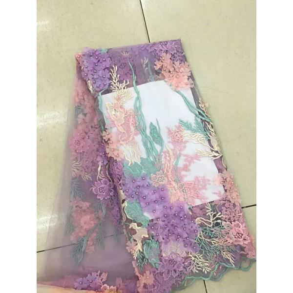 3D Beaded Lace Fabric , Scalloped Multi Color Floral Embroidered Fabric For Skirt