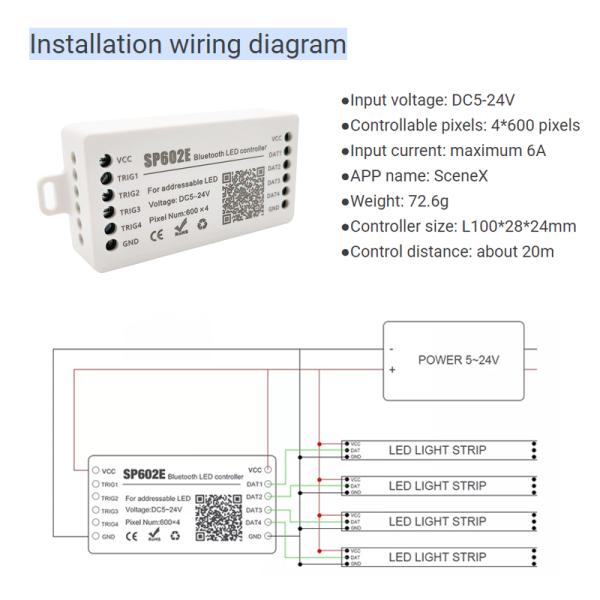 SP602E 4 Output LED Strip Smart Controller For SM16703 1903 Full Color Pixel Strip Light