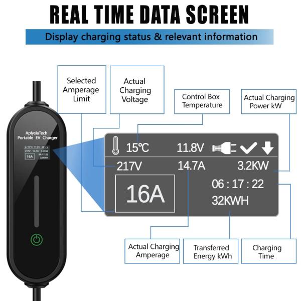 Type 2 32A Screen Display Portable AC EV Charger Temperature Protection