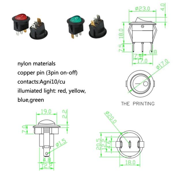 Car Dash Boat Rocker Switch 3 Pin T85 Round Illuminated With Red Green Blue Led Light