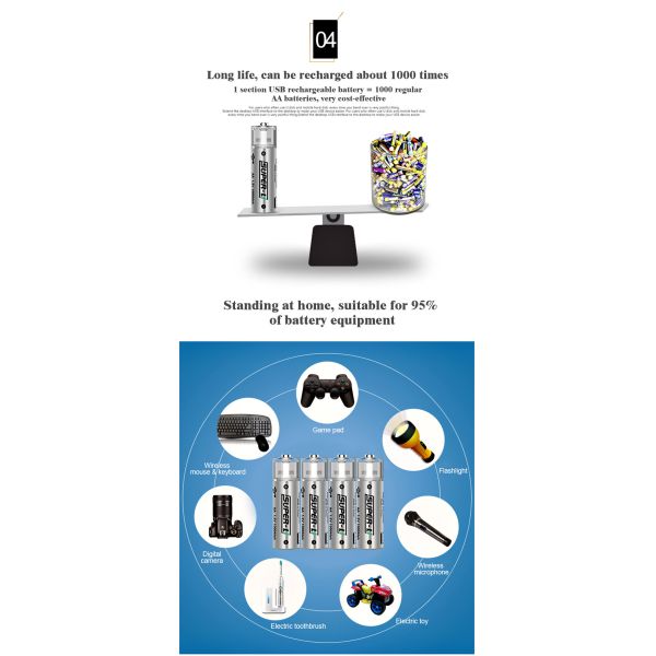 USB rechargeable lithium battery, Reusable recycling, saving more