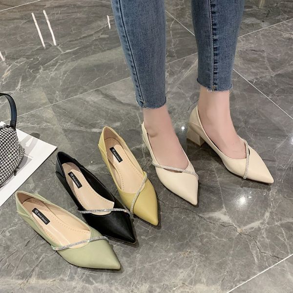 Elegant Office Spring Pointed Single Ladies Casual Leather Shoes 4cm Square Heel