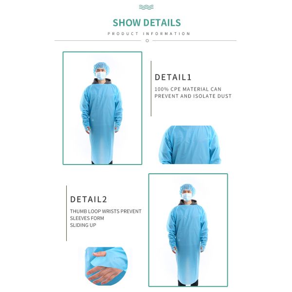 CE Waterproof 30G Disposable CPE Gowns With Thumb Loop