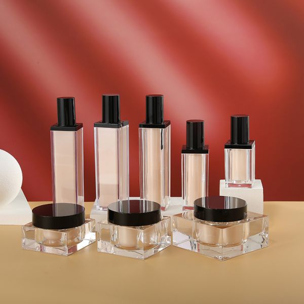 Custom logo pink acrylic square cosmetic bottle and jar cosmetic package container set for skin care production facial cream jar