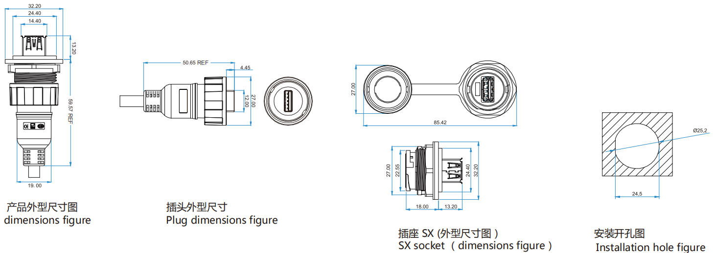 Rohs Panel Mount USB Connector 1.5A Plastic Plug Connector