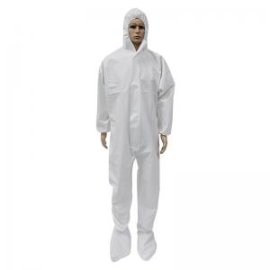 China Non Woven Hooded Disposable Coveralls Pp Pe Laminated Sf White Color With Boot Cover on sale
