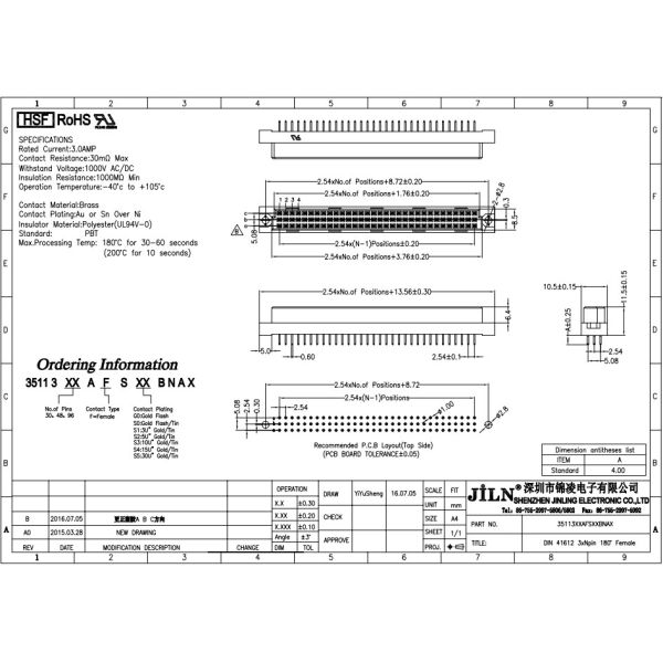 Triple Row DIN 41612 Connector Polyester PBT 3.0A UL94V-0 For Motherboard