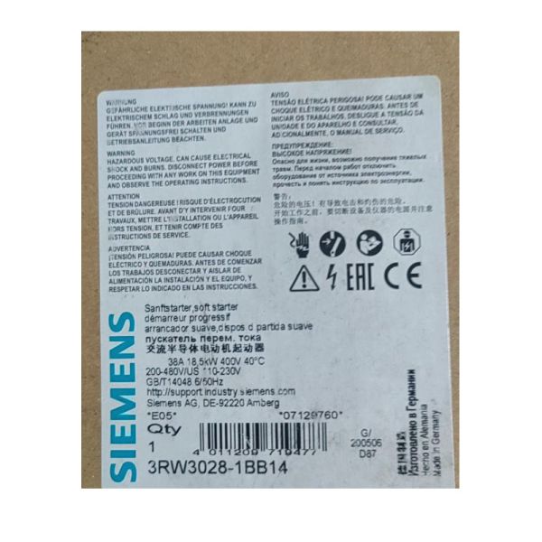 SIEMENS 3RW3028-1BB14 SIRIUS soft starter S0 38 A, 18.5 kW/400 V, 40 °C 200-480 V AC, 110-230 V AC/DC Screw terminals