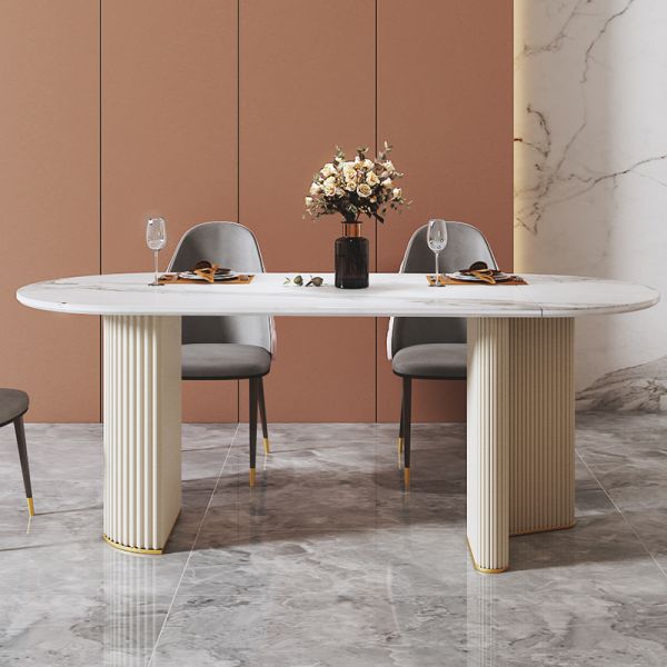 Rock Board Oval Foldable White Base Dining Table For Office