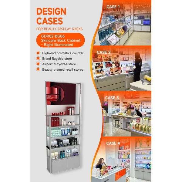 GDR02-BG06 Right Illuminated Skincare Display Cabinet with 60mm Soft Film Light Box and Laser Engraved Brand Logo for Fashion Boutiques