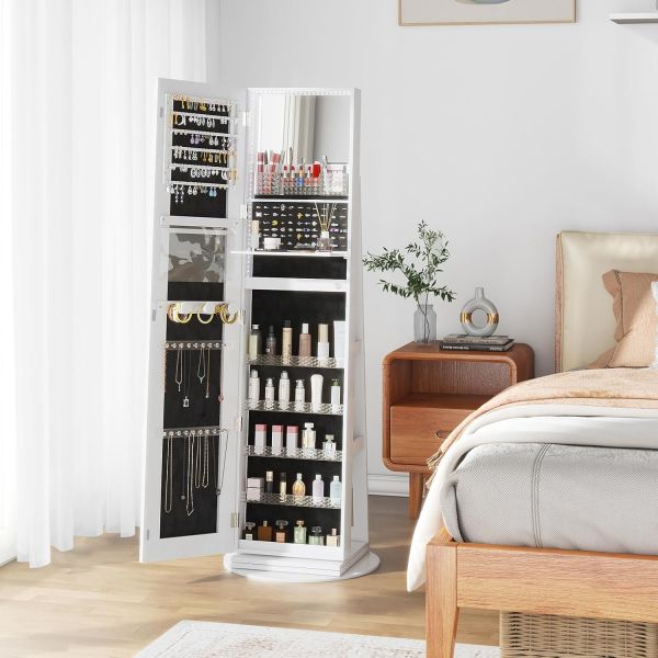 Full Length Mirror Jewelry Cabinet with 3 Back Shelves HD Real Glass Mirror and Makeup Storage