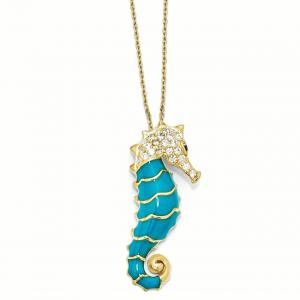 China 925 Sterling Silver Gold Plated Enameled Cubic Zirconia Cz Seahorse 18 Inch Chain Necklace Pendant Charm Sea Life wholesale