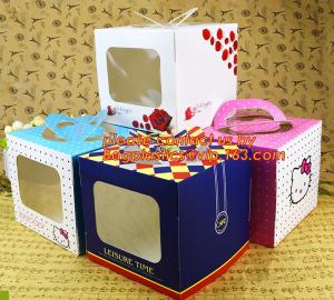 China decorative personalized paper cake boxes, Custom artpaper handle cake box with PVC window, wedding cake boxes with handl on sale