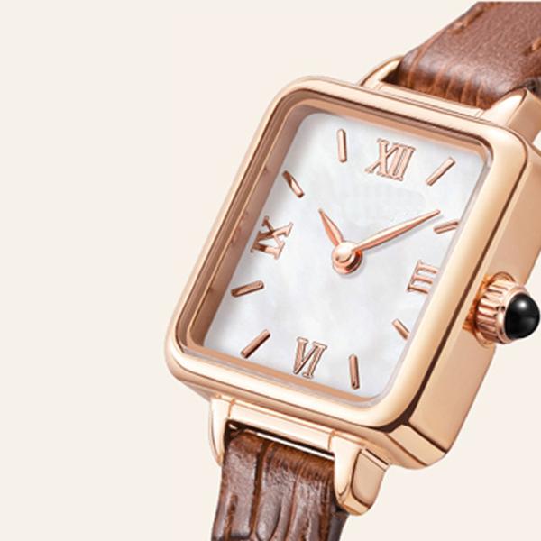 Small Brown Leather Watch Womens Square Fashion Roman Watch Slim Belt