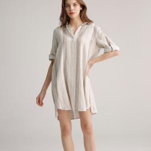 China Double Pocket 45% Cotton 55% Linen Casual Frocks Shirt Neck Roll Up Sleeve Dress on sale