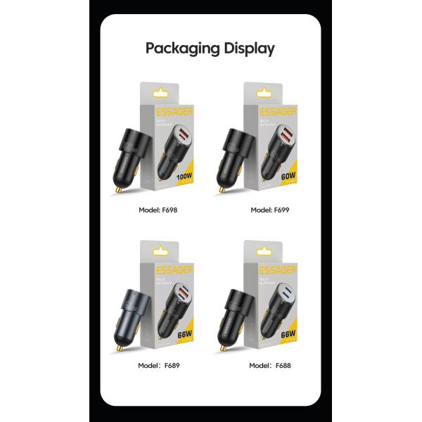 Type C USB A Car Chargers Black 60W 66W Essager 2022 City F699 F689 F688 F698