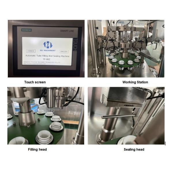 Close-up view of tube filling machine components