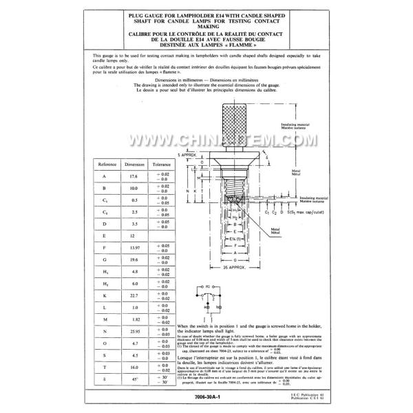 IEC60061-3: 7006-30A-1 Plug Gauge for Lampholder E14 with Candle Shaped Shaft for Candle Lamps for Testing Contact Makin