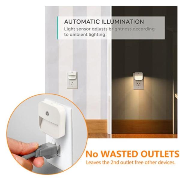 Plug-in Night Light, Warm White LED Nightlight, 4 Level Brightness Dusk-to-Dawn Sensor Light