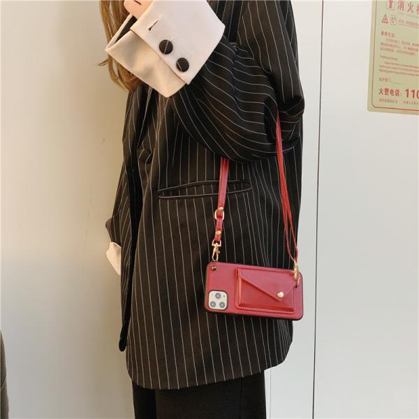 Neck Strap Phone Case , Leather Mobile Cover Adjustable Length Goes With A Card Holder