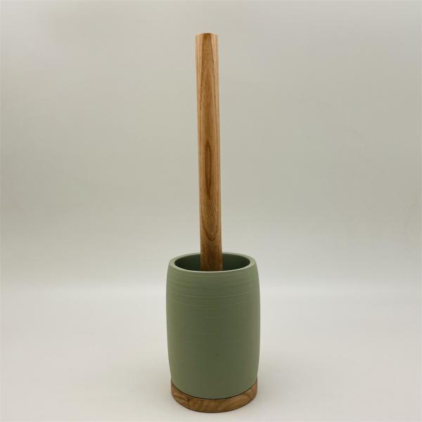 Green color Polyresin Bath Accessory Set round shape with wooden parts