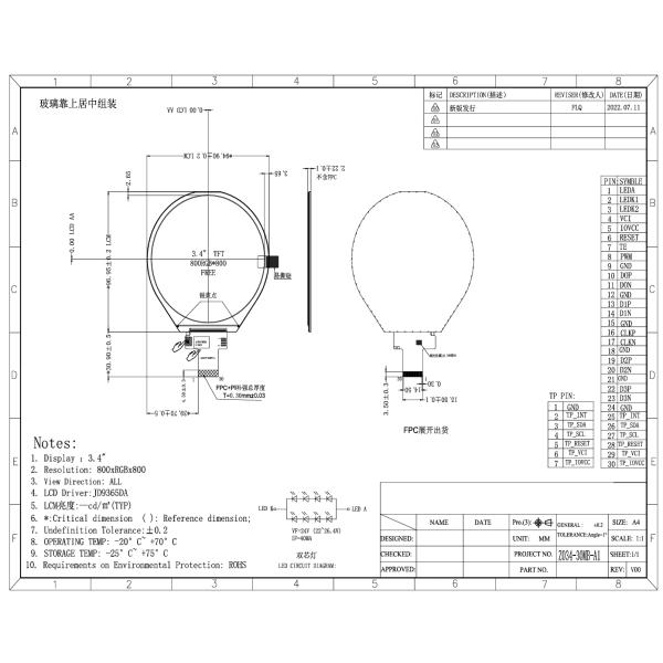 3.4 inch DSI Round Touch Display, 800 × 800, IPS, 10-Point Touch with HDMI Board Enclosure
