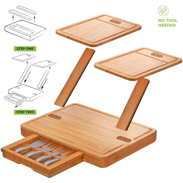 Bamboo Modular Platter Serving Tray With Slide Out Drawer And 3 Tier Cheese Board Set