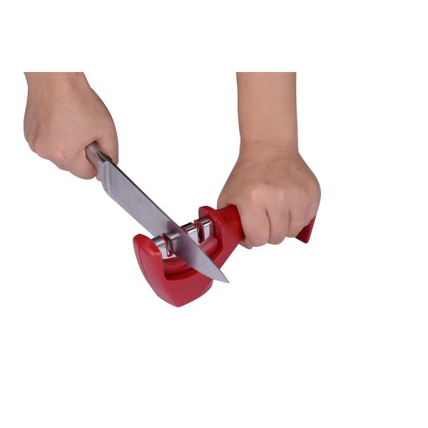 Red 3 in 1 Handle Knife Sharpener Rubberized Base for Combat Carving , Fillet