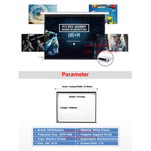 100" 4:3 motorized electric projection projector screen HD 3D TV home theater matte white