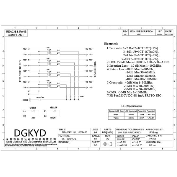 Single Port RJ45 With Integrated Magnetics Modular Jack 1000 Base G/Y LED