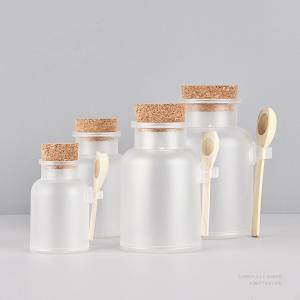 China Wholesale Frost ABS Plastic Bath Salt Container Jars with Wood Spoon and Cork Lid 100ml 200ml for Cosmetic Packaging wholesale