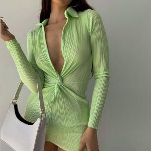 China Green Sexy Long Sleeve Mini Dress High Waist V Neck wholesale