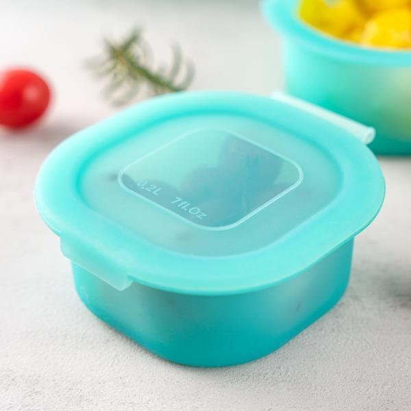 Close-up of silicone container with airtight lid