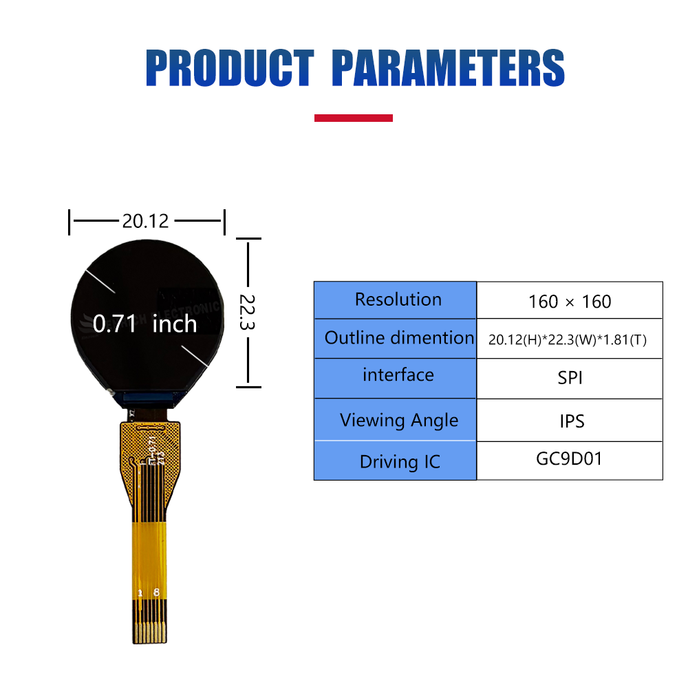 0.71 Inch Round TFT LCD Module with 160x160 Resolution and IPS Viewing Angle for Wearable and Industrial Applications