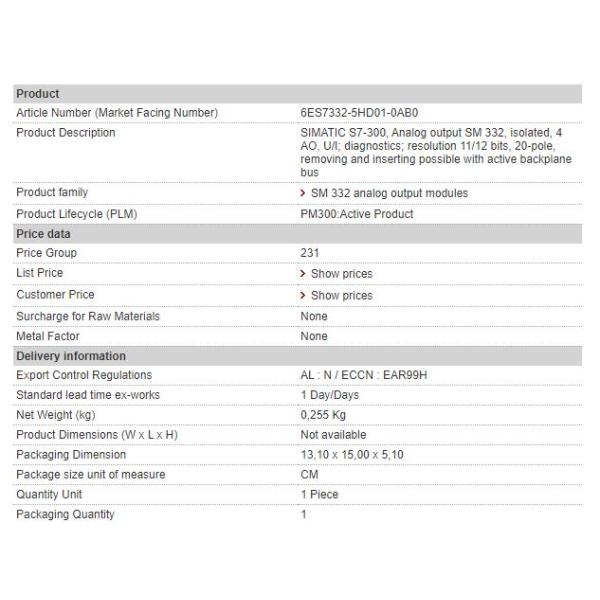 6ES7332-5HD01-0AB0 Siemens Analog Output Module