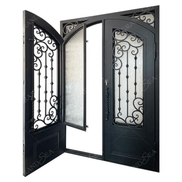 Latest Modern Cast Iron Factory Price Front Door with Glass, Entry Double Wrought Iron Door Design for Villa