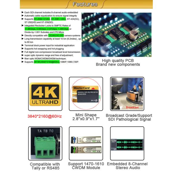 Mini Converter Optical Fiber 12G-SDI with Reverse RS485 and loop out Single Mode Fiber LC Connector 20KM