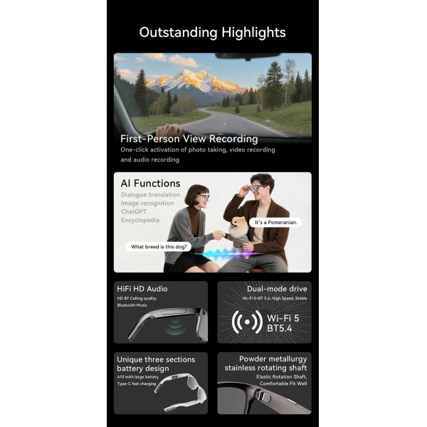 Type C Charging Port AI Glasses Wifi & Bluetooth 8MP PC AR Smart Glasses