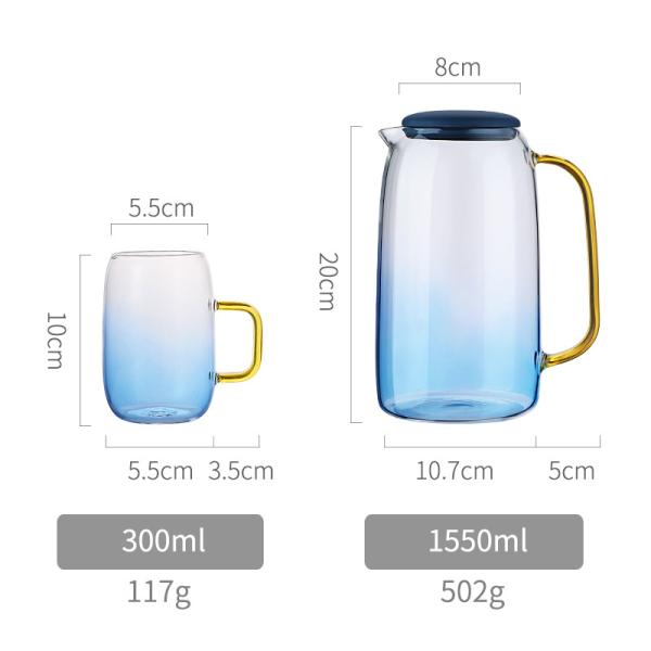 Colored 1550ml Glass Water Pitcher Set With 2 Cups For Iced Water Beverage