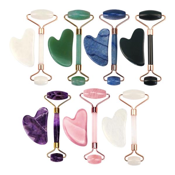Skin Care Rose Quartz Facial Massager Gua Sha Face Scraper Jade Massagers Roller Set