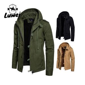 China Winter Windproof Thin Work Outwear Blank Utility Cardigan Buttons Long Drawstring Hooded Coat Trench Men Jacket on sale