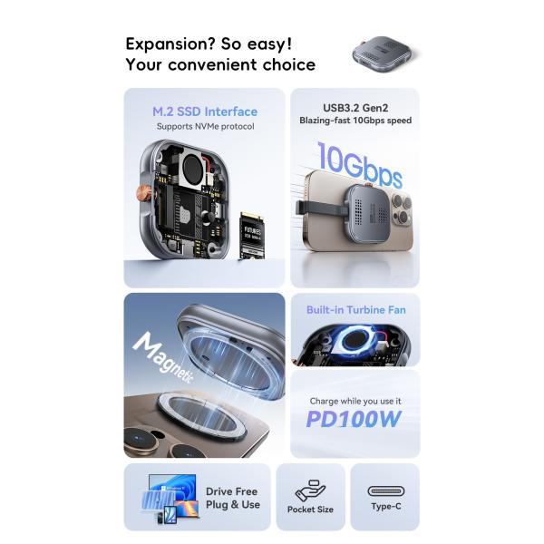 ESSAGER ES-YP01 100W 10Gbp USB 3.2 External Hard Drive Aluminum Type C Magnetic Nvme 2230 M.2 SSD HDD Enclosure