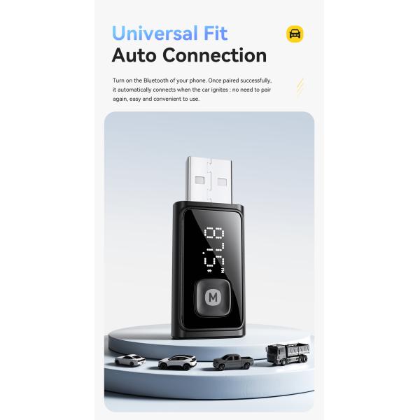 Bluetooth 5.4 FM Car Adapter with 10m Range USB-A