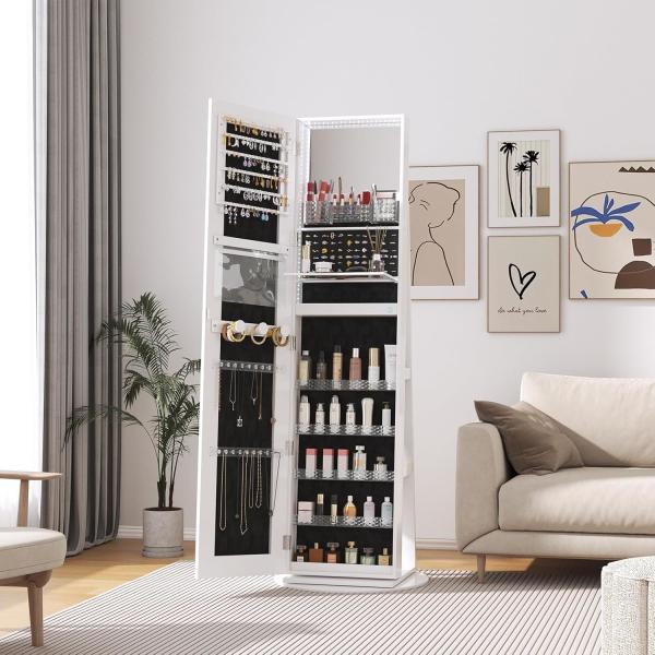 Full Length Mirror Jewelry Cabinet with 3 Back Shelves HD Real Glass Mirror and Makeup Storage