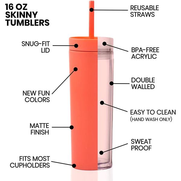 Office 16oz Skinny Tumblers Matte Colored Acrylic Tumblers With Lids And Straws